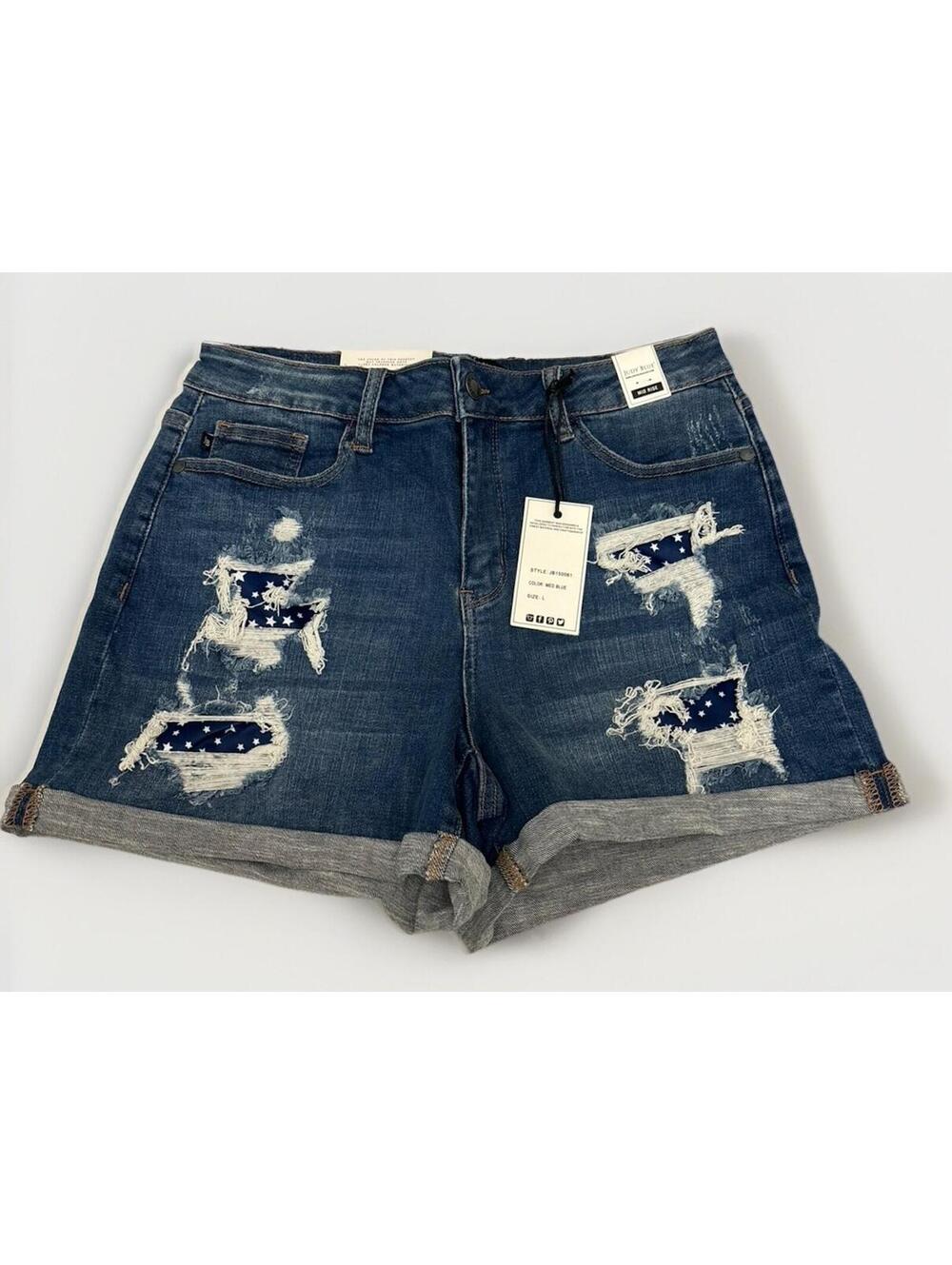NWT Womens Judy Blue Mid Rise Distressed Ripped Denim Shorts Size Large